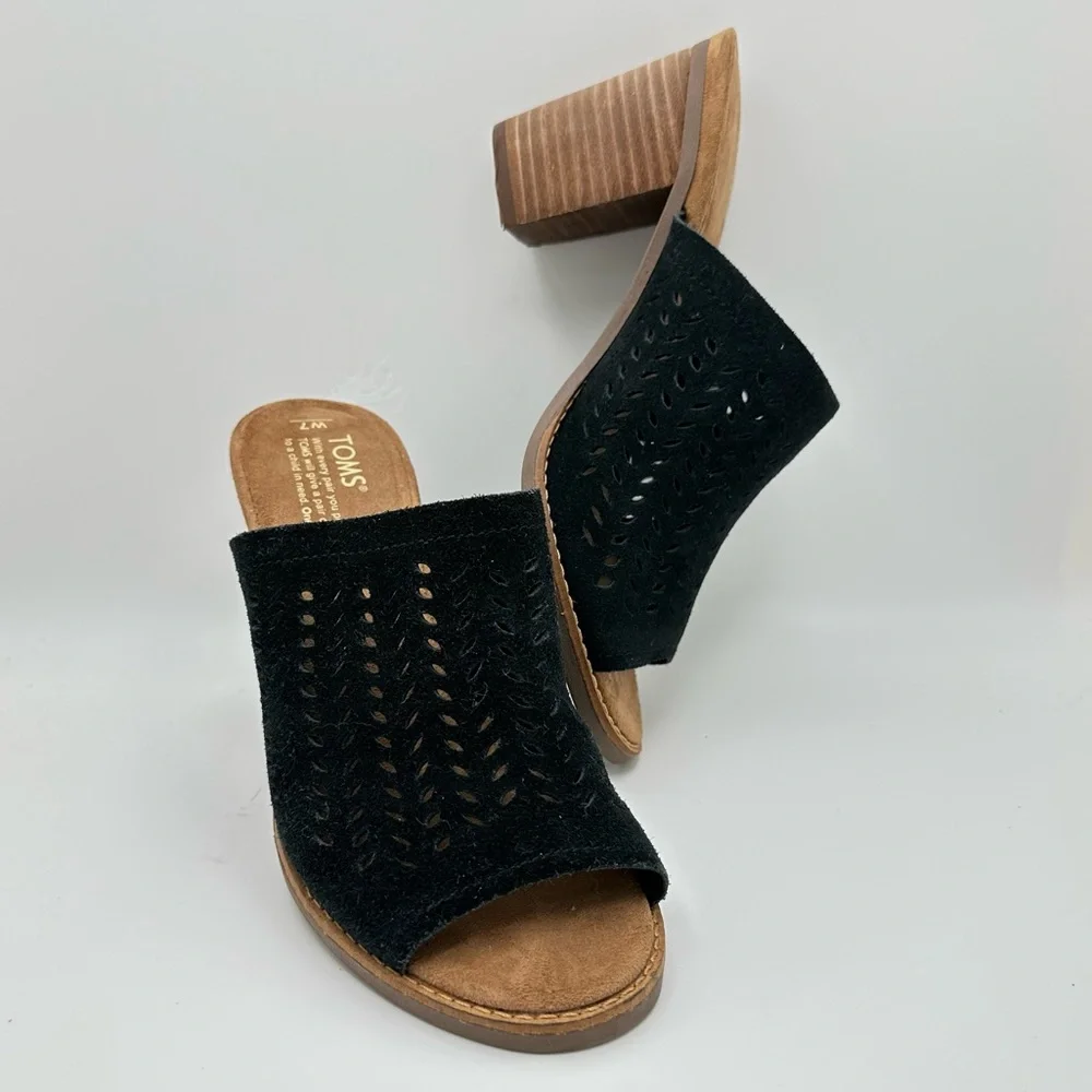 Toms Women Sandals High Heeled Slip On Open Toe Perforated Mules Black S… - Picture 3 of 12